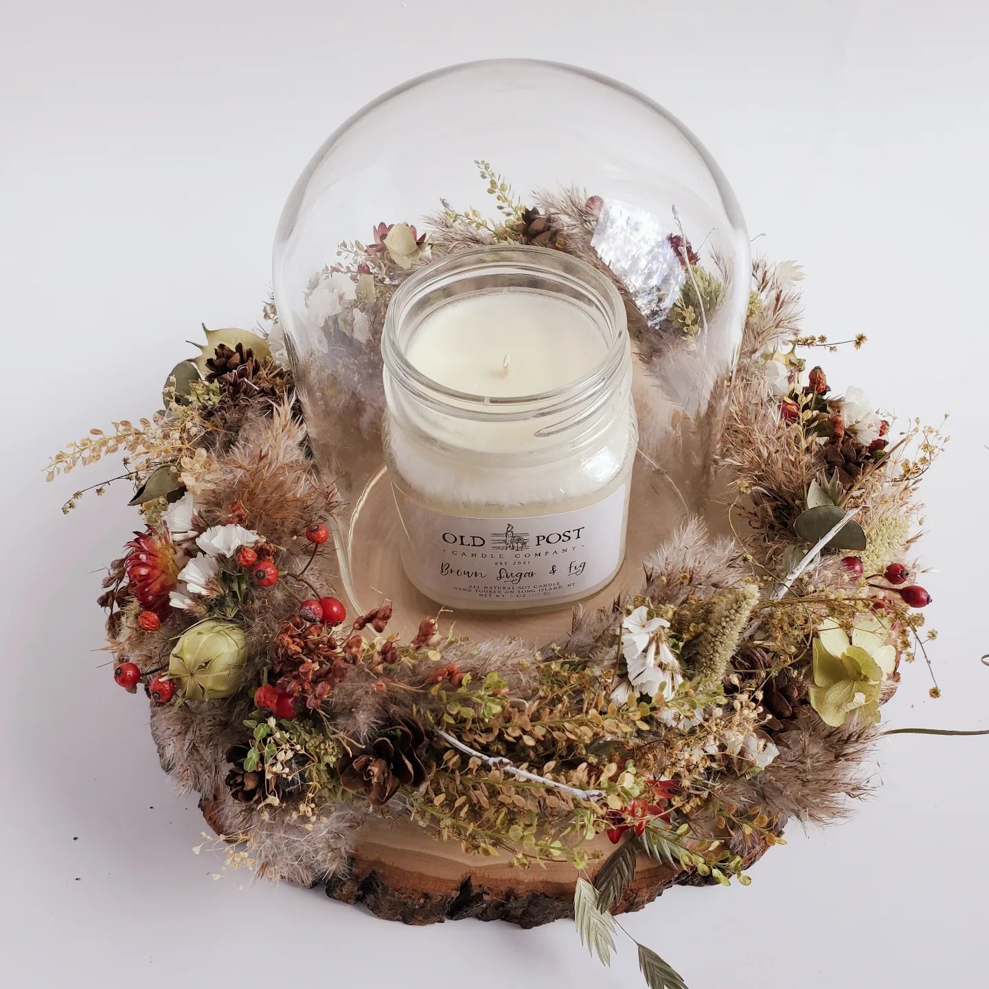 Wreath & Dried flower candles in glass, Natural Soywax Candle